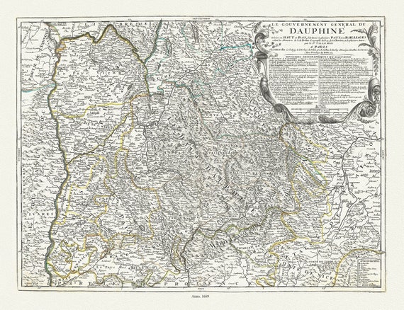 Le Gouvernement General du Dauphiné divisé en Haut et Bas, 1689, Nolin auth., 50 x 70 cm, 20 x 25" approx.