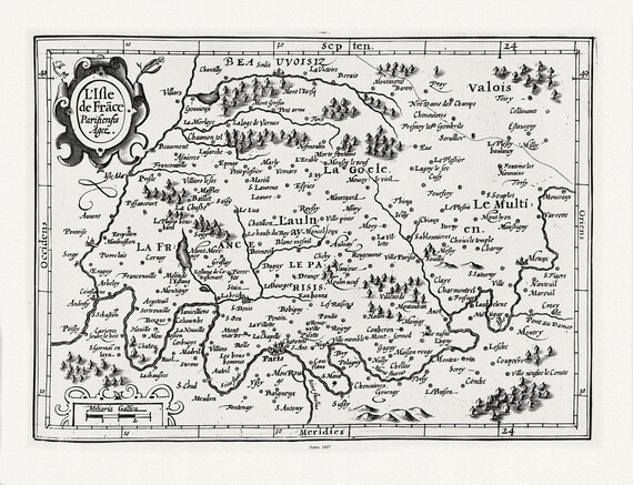 L'isle  de France: Mercator et Hondius, Francia specialivs, 1607 , une carte sur toile de coton épaisse, environ 56x70cm