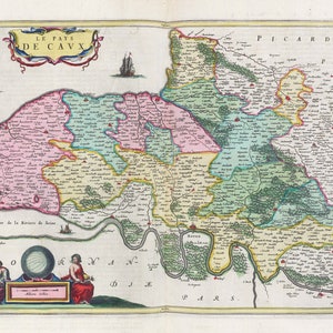 Le Pays De Cavx, 1665, Bleau auth. , une carte sur toile de coton épaisse, environ 56x70cm