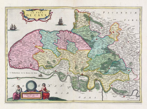 Le Pays De Cavx, 1665, Bleau auth. , une carte sur toile de coton épaisse, environ 56x70cm