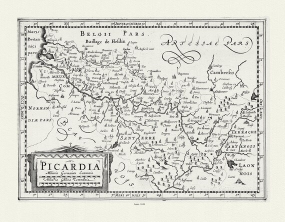 Picardie: van Waesberge, Mercator et Cloppenburg, Picardia, 1636, , carte sur toile de coton épaisse, environ 56x70cm