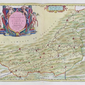 Sarlat, Dioecesis Sarlatensis, 1665, Blaeu auth. , une carte sur toile de coton épaisse, environ 56x70cm