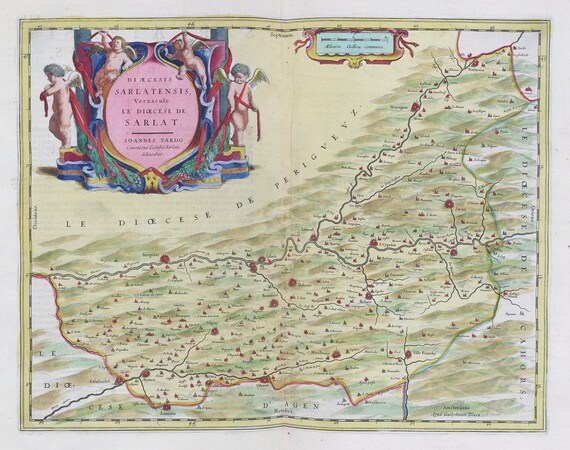 Sarlat, Dioecesis Sarlatensis, 1665, Blaeu auth. , une carte sur toile de coton épaisse, environ 56x70cm