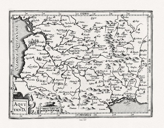 Mercator et Hondius, Aqvitania, 1607, carte sur toile de coton épaisse, environ 56x70cm