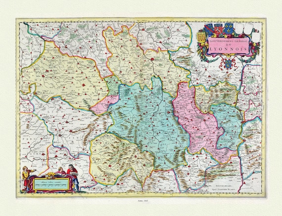 Lyonnais: Blaue , Gouvernement General Div Lyonnois, 1665, carte sur toile de coton épaisse, environ 56x70cm