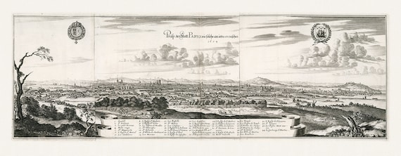 Braun et Hogenberg, Parys, 1654 , carte sur toile de coton épaisse, environ 56x70cm