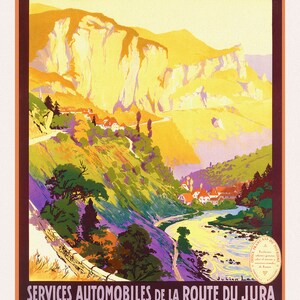 E Service Automobiles de la Route du Jura, 1920, une affiche de voyage sur toile de coton épaisse, environ 45x60cm