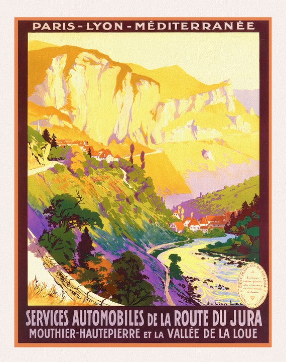 E Service Automobiles de la Route du Jura, 1920, une affiche de voyage sur toile de coton épaisse, environ 45x60cm