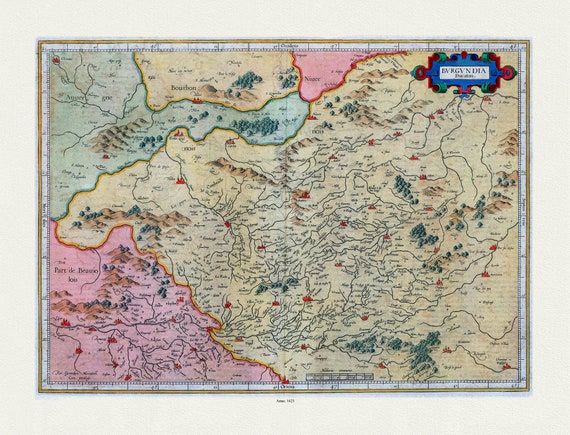 Burgundy: Mercator et Hondius, Burgundia Ducatus. Per Gerardum Mercatore Cum privilegio, 1623, sur toile de coton épaisse, environ 56x70cm