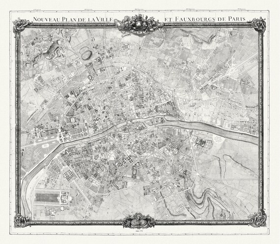 Paris: Jaillot, Nouveau Plan de la Ville  et Faux-Bourges de Paris, 1778, une carte sur toile de coton épaisse, environ 56x70cm