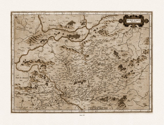 Burgundy: Mercator et Hondius, Burgundia Ducatus. Per Gerardum Mercatore Cum privilegio,1623 Ver. S, sur toile de coton épaisse, 56x70cm