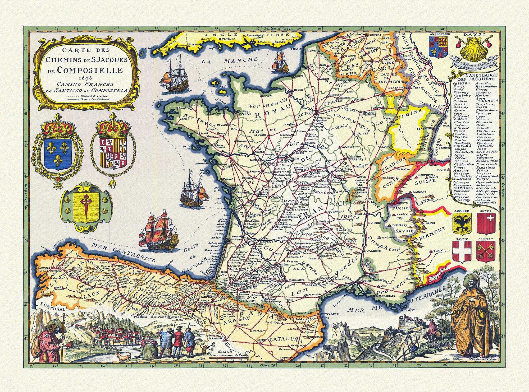 Carte Des Chemins de S. Jacques Compostelle, 1648 , Une Carte sur Toile Coton Épaisse, Environ 56x70