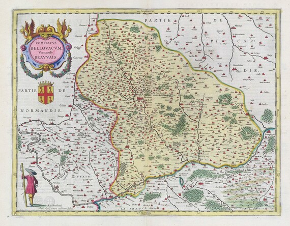 Beauvais, Comitatvs Bellovacvm, 1665, Bleau auth. , une carte sur toile de coton épaisse, environ 56x70cm