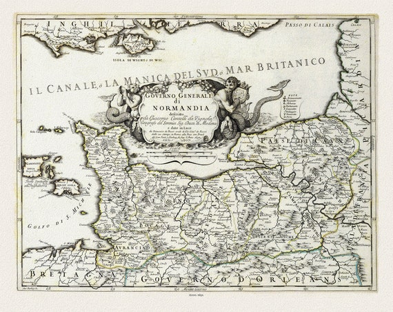Rossi, Governo Generale di Normandia (France), 1692 ,une carte sur toile de coton épais, 56x70cm environ