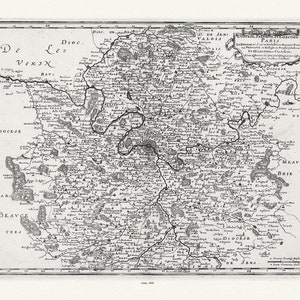 L'isle de France: Merian, Diocese, prevoste, et eslection de Paris, 1660,  une carte sur toile de coton épaisse, environ 56x70cm
