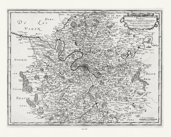 L'isle de France: Merian, Diocese, prevoste, et eslection de Paris, 1660,  une carte sur toile de coton épaisse, environ 56x70cm