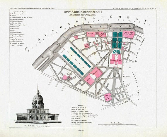 Perrot, Paris 10 Eme. Arrondissement  Quartier des Invalides. No. 39, 1834, une carte sur toile de coton épaisse, environ 56x70cm