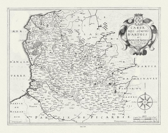 Artois: Mariette, Carte des Comtes d'Artois et Bovlenois, 1653, carte sur toile de coton épaisse, environ 56x70cm