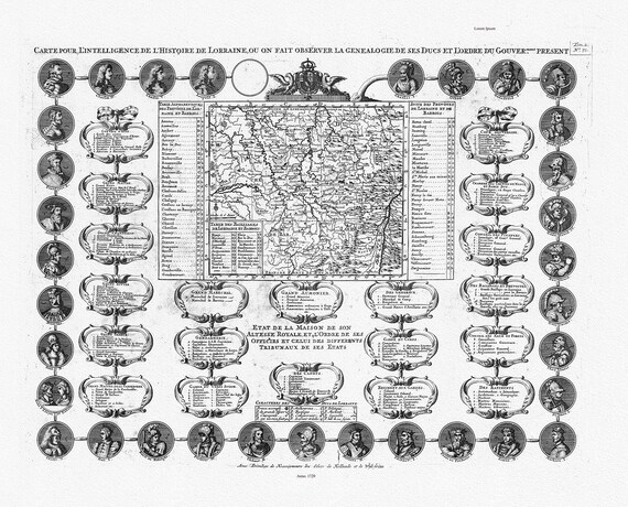 Henri Chatelain, Tome III. No. 71. Carte pour l'intelligence de l'histoire de Lorraine, 1720, sur toile de coton épaisse, environ 56x70cm