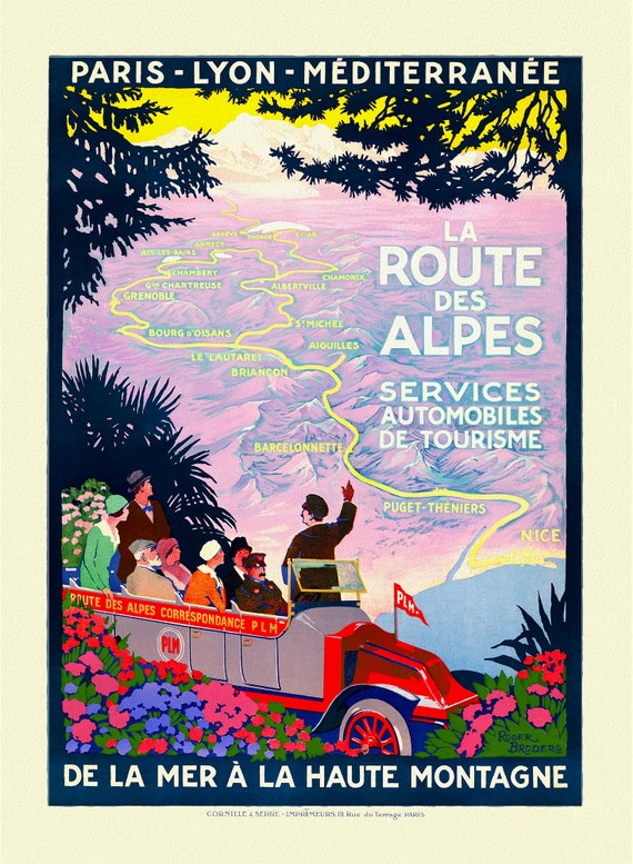 La Route des Alpes, Paris-Lyon-Mediteranee , une affiche de voyage sur toile de coton épaisse, environ 56 x 70cm