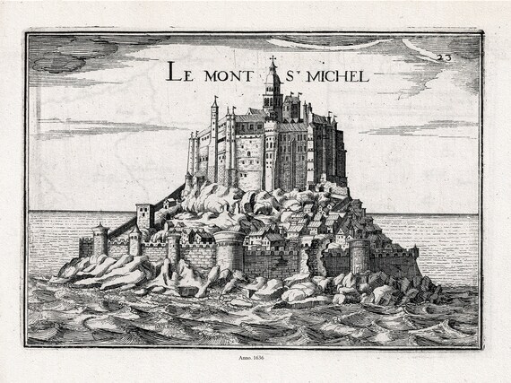 Normandy: Tassin, Le Mont St Michel, 1636, carte sur toile de coton épaisse, environ 56x70cm