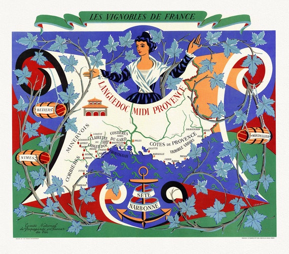 R. Hetreau, Les Vignobles de France,  Languedoc, Midi Provence,  1950, une carte sur toile de coton épais, 56x70cm environ