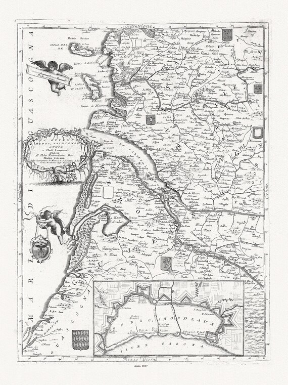 Coronelli, Vincenzo,  La Guienna, Medoc, Saintonge, Aunis, 1697 ,carte sur toile de coton épaisse, environ 56x70cm