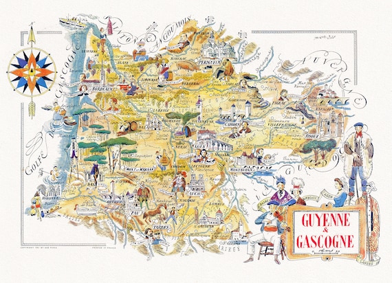 Jacques Liozu, Guyenne & Gascogne, 1951 ,carte sur toile de coton épaisse, environ 56x70cm