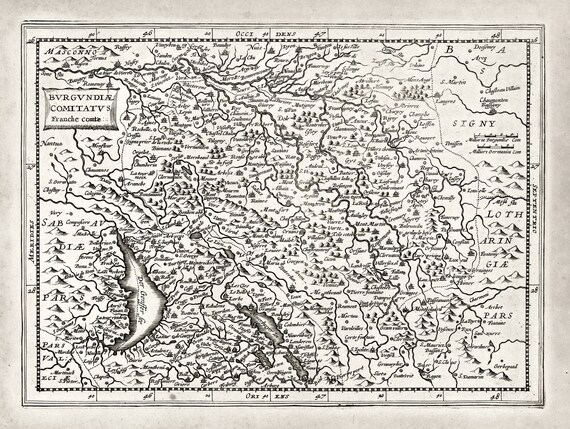 Burgundy: Burgvndiae Comitatvs  Franche Comte.1636. Mercator et al. auth., une carte sur toile de coton épaisse, environ 56x70cm