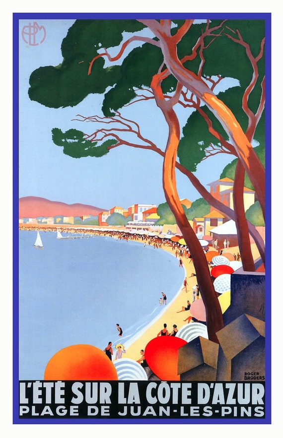 E L'ete sur la Cote d'Azur, 1930, une affiche de voyage sur toile de coton épaisse, environ 45x60cm