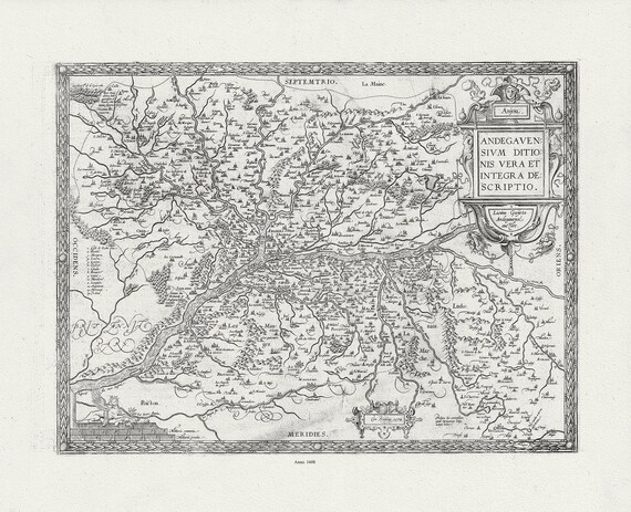 France, Maine-et-Loire , Andegavensium. Ortelius et Vrients, 1608 , une carte sur toile de coton épaisse, environ 56x70cm