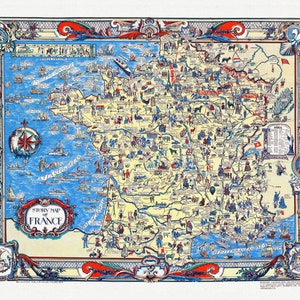 Vogelear et Walker, A Story map of France, 1936 (en Anglais),  ,une carte sur toile de coton épais, 56x70cm environ