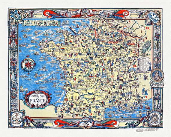 Vogelear et Walker, A Story map of France, 1936 (en Anglais),  ,une carte sur toile de coton épais, 56x70cm environ