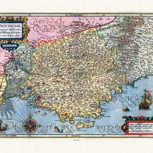 Provence: Mercator et Hondius, Provinciae, Regionis Galliae, vera eaxctissimaq, 1623, une carte sur toile de coton épaisse, environ 56x70cm