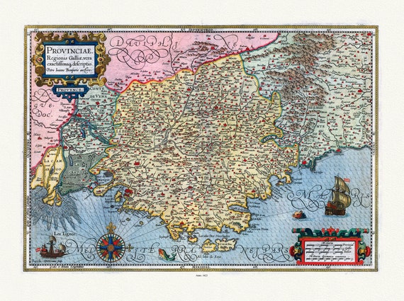 Provence: Mercator et Hondius, Provinciae, Regionis Galliae, vera eaxctissimaq, 1623, une carte sur toile de coton épaisse, environ 56x70cm