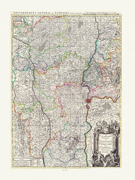 Lyonnais: Jaillot, Mortier et Sanson, Le Gouvernement General du Lyonnois, 1708, carte sur toile de coton épaisse, environ 56x70cm