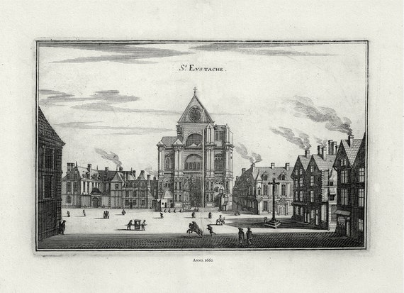 Merian, V. 1. St. Eustache, Paris, 1660, sur toile de coton épais, 56x70cm environ