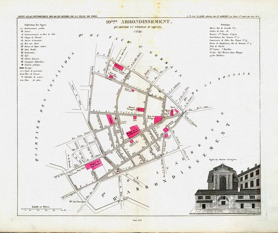 Perrot, Paris 10 Eme. Arrondissement  Quartier St. Thomas d'Aquin. No. 38, 1834, une carte sur toile de coton épaisse, environ 56x70cm