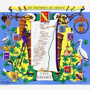 Hetreau, Les Vignobles de France - Vins d'Alsace, 1950 , carte sur toile de coton épaisse, environ 56x70cm