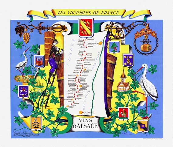 Hetreau, Les Vignobles de France - Vins d'Alsace, 1950 , carte sur toile de coton épaisse, environ 56x70cm