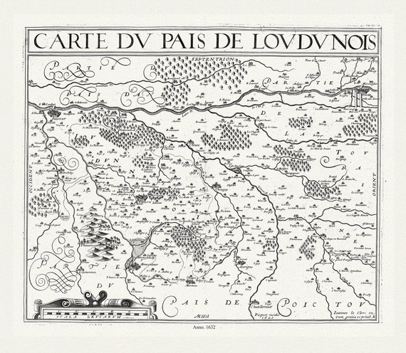 Loire: Michel de La Rochemaille et Le Clerc, Carte du Pais de Loudunois, 1632, une carte sur toile de coton épaisse, environ 56x70cm