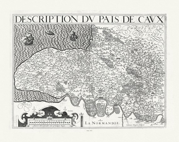 Picardie: Michel de La Rochemaille et Le Clerc, Description du Pais de Caux, 1632, carte sur toile de coton épaisse, environ 56x70cm