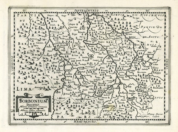 Bourbon, Borbonium Ducatus.1636. Mercator et al. auth., une carte sur toile de coton épaisse, environ 56x70cm