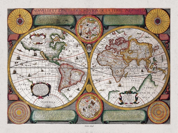 Boisseau, Nouvelle Exacte Description de la Terre Universelle, 1646, une carte sur toile de coton épaisse, environ 56x70cm