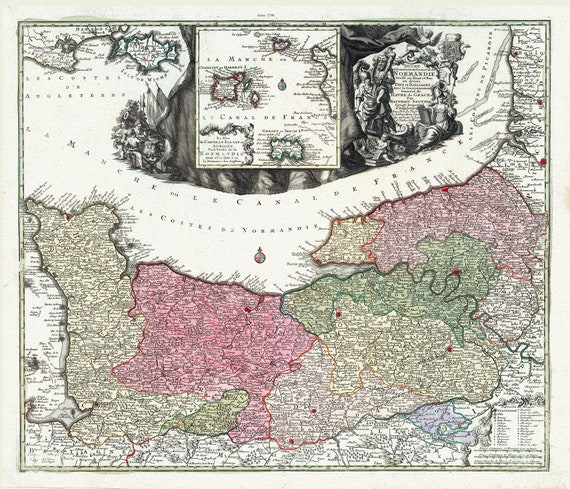 Normandy: Matthaeus Seutter, Duche et Gouvernement General de Normandie,Harve de Grace, Garnezy Ierzay et Aurigny, 1740