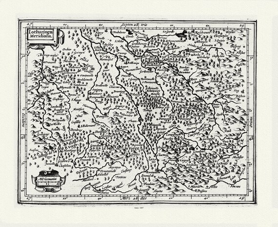 Lorraine: Mercator et Hondius, Lotharingia Meridiona, 1607 , carte sur toile de coton épaisse, environ 56x70cm