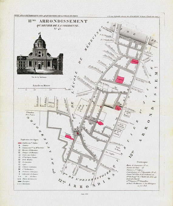 Perrot, Paris 11 Me. Arrondissement  Quartier de la Sorbonne. No. 43, 1834, une carte sur toile de coton épaisse, environ 56x70cm