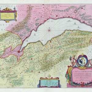 Lac Geneva, Lac Leman, Lacvs Lemanni… Descriptio, 1665, Bleaue auth. , une carte sur toile de coton épaisse, environ 56x70cm