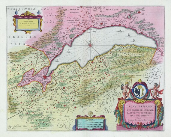 Lac Geneva, Lac Leman, Lacvs Lemanni… Descriptio, 1665, Bleaue auth. , une carte sur toile de coton épaisse, environ 56x70cm