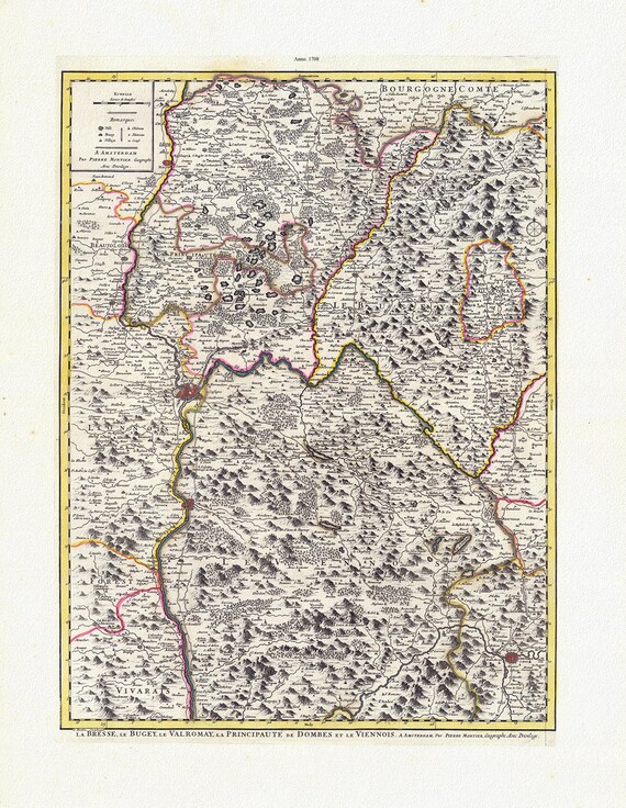 Franche-Comte: Jaillot, Mortier et Sanson, La Bresse, Le Bugey, 1708 , carte sur toile de coton épaisse, environ 56x70cm